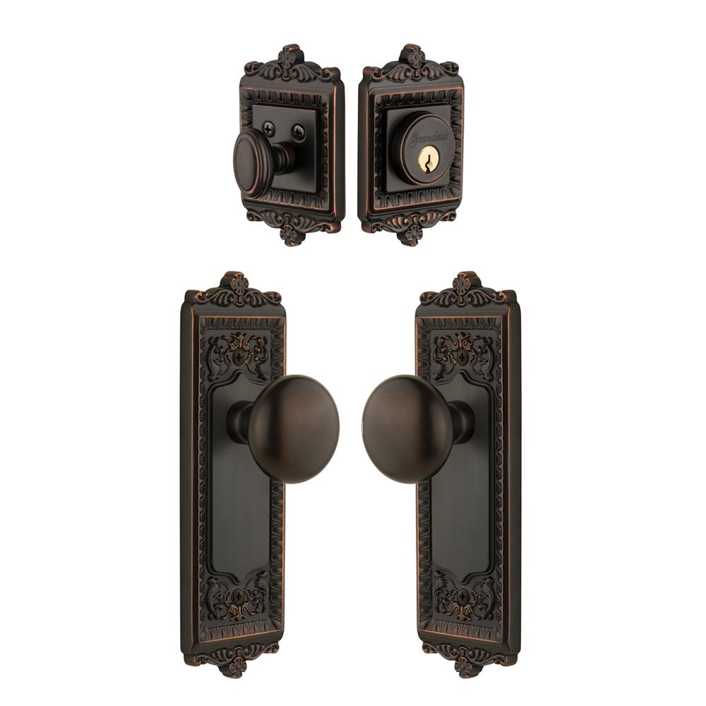 Grandeur by Nostalgic Warehouse Single Cylinder Combo Pack Keyed Differently - Windsor Plate with Fifth Avenue Knob and Matching Deadbolt in Timeless Bronze